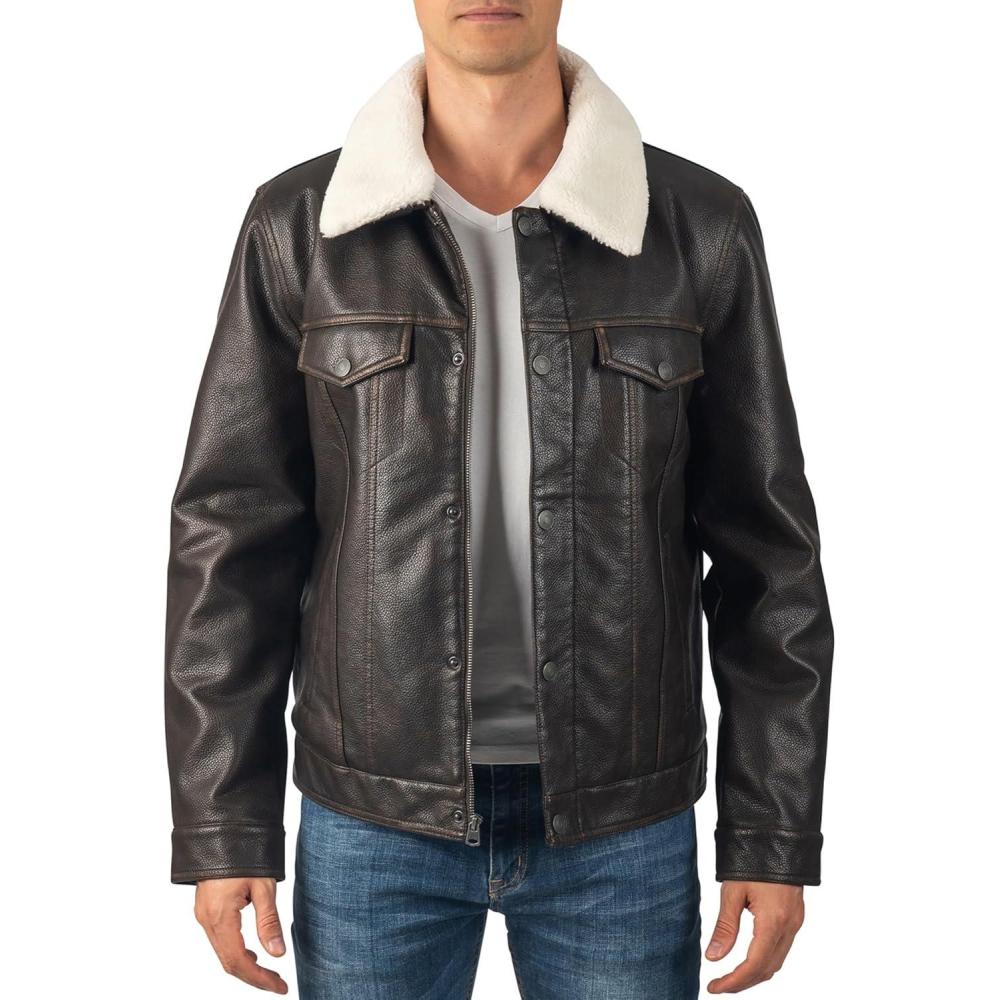 image:imageAlpine Swiss Aaron Mens Trucker Jacket  Sherpa Lined Faux Leather  Removable Collar  Warm Winter Coat  5 PocketsFaux Leather Brown