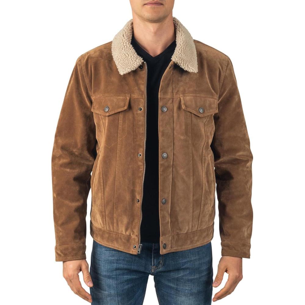 image:imageAlpine Swiss Aaron Mens Trucker Jacket  Sherpa Lined Faux Leather  Removable Collar  Warm Winter Coat  5 PocketsFaux Suede Tan
