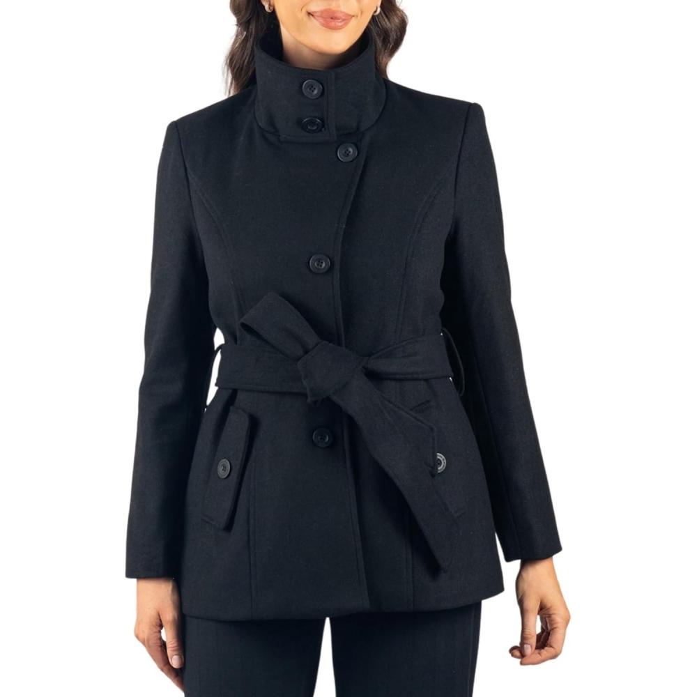 image:imageAlpine Swiss Bella Womens Wool Blend Coat Removable Belt Blazer Jacket Convertible Funnel Neck 3 in 1 PeacoatBlack