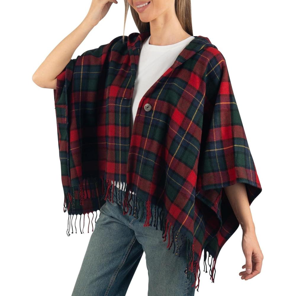 image:imageAlpine Swiss Carol Womens Shawl Wrap with Hood Poncho Sweater Large Scarf FringeRed Plaid