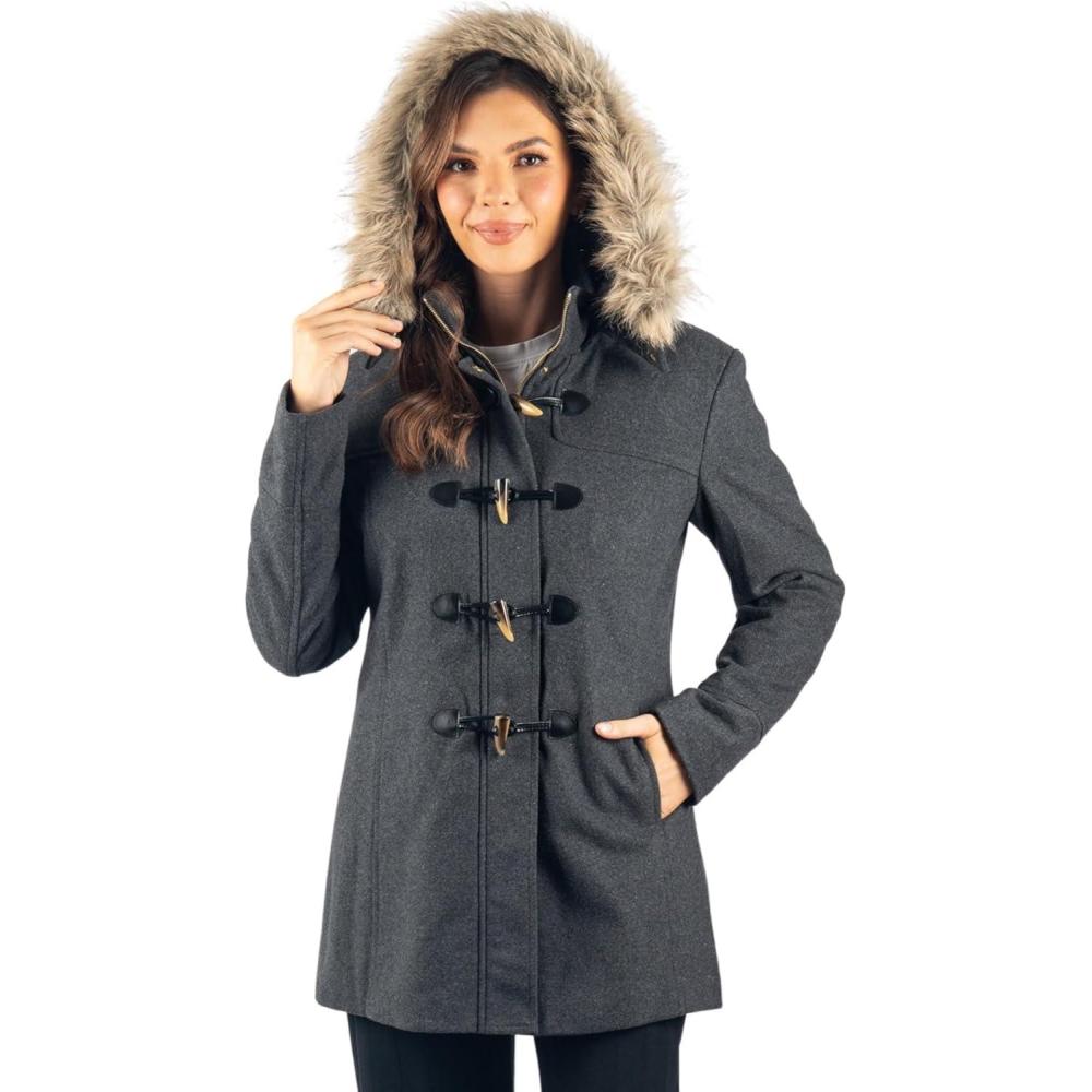 image:imageAlpine Swiss Duffy Womens Wool Blend Toggle Coat Removable Faux Fur Hood Classic Duffle Overcoat MidThigh Warm Winter JacketGray