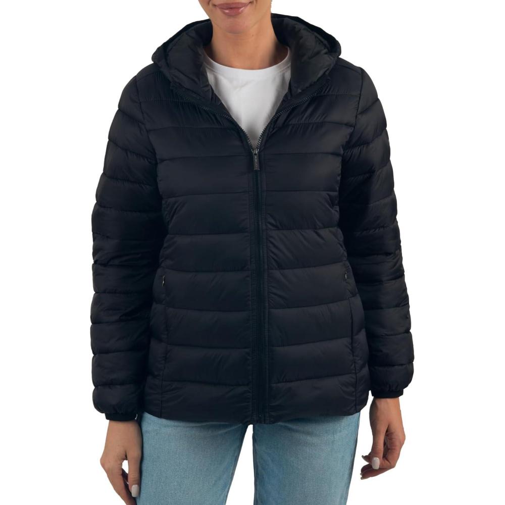 image:imageAlpine Swiss Eva Womens Hooded Puffer Jacket Down Alternate Coat Warm WaterResistant Packable Winter Outerwear Zip PocketsBlack