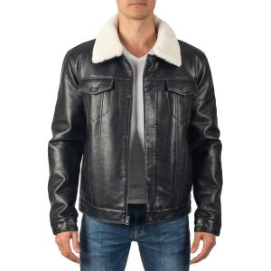 Alpine Swiss Aaron Mens Trucker Jacket | Sherpa Lined Faux Leather | Removable Collar | Warm Winter Coat | 5 Pockets(Faux Leather Black)