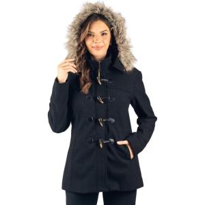 Alpine Swiss Duffy Womens Wool Blend Toggle Coat Removable Faux Fur Hood Classic Duffle Overcoat Mid-Thigh Warm Winter Jacket(Black)