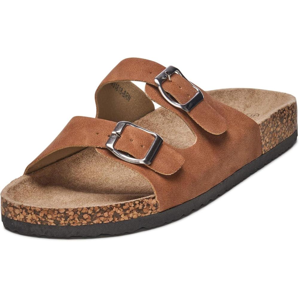 image:imageAlpine Swiss Mens Double Strap Contour Sandals  Adjustable Buckle Slides  Vegan Leather Footbed Sandals  Ergonomic CorkInspired Sole  Casual Summer Footwear Slip On Slides with BucklesBrown