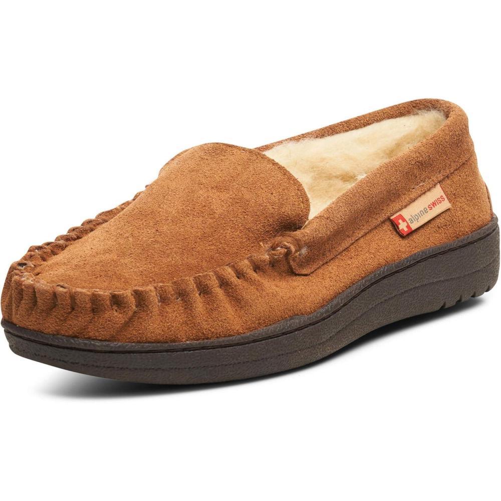 image:imageAlpine Swiss Mens Moccasin Slippers Genuine Suede SlipOn House Shoes Memory Foam Insoles Plush Faux Shearling Lining Comfortable Indoor Outdoor Slipper with AntiSlip Rubber SoleChestnut
