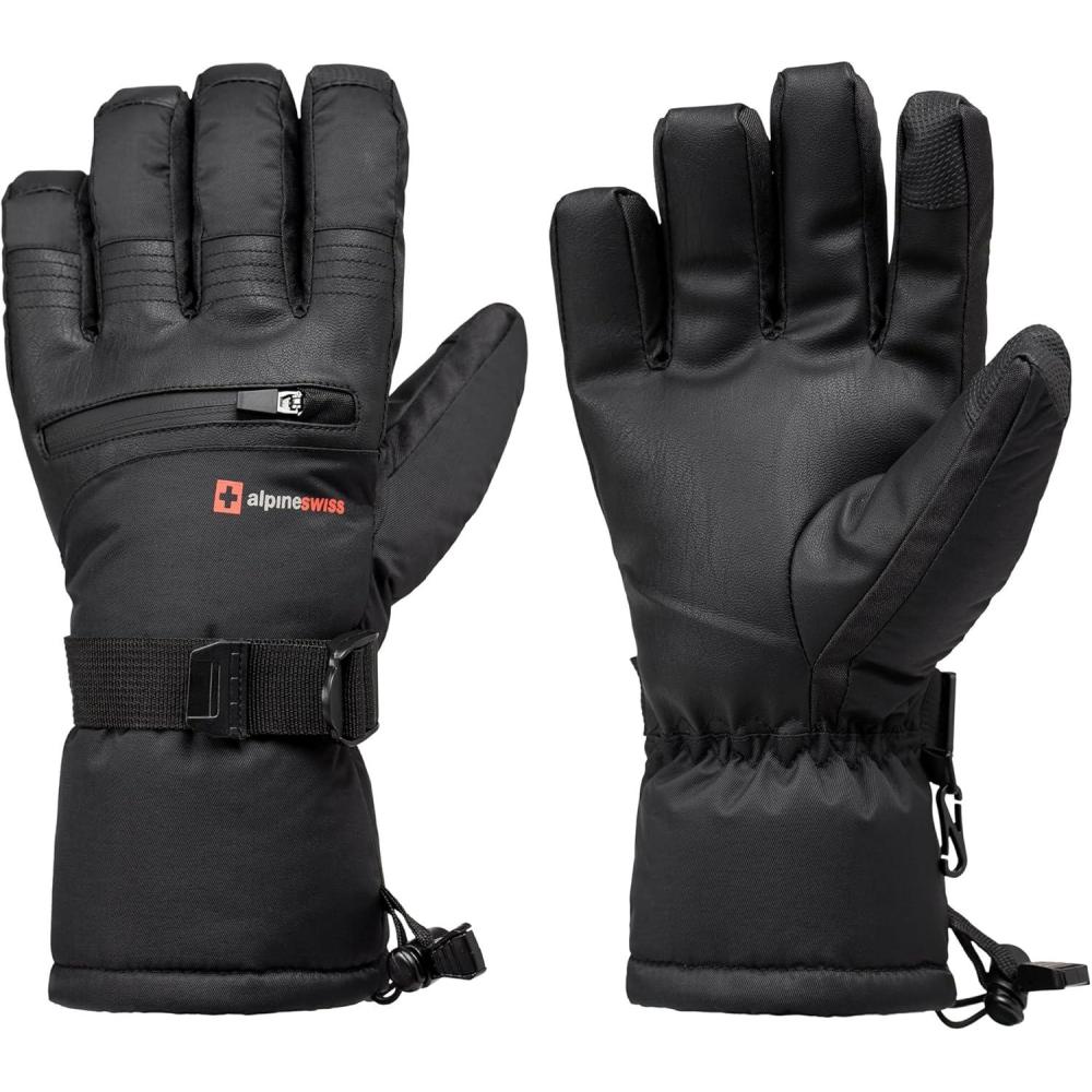 image:imageAlpine Swiss Mens Waterproof Snow Ski Gloves Gauntlet Mittens with Zipper Pockets Winter Snowboarding Windproof 3M ThinsulateBlack Glove