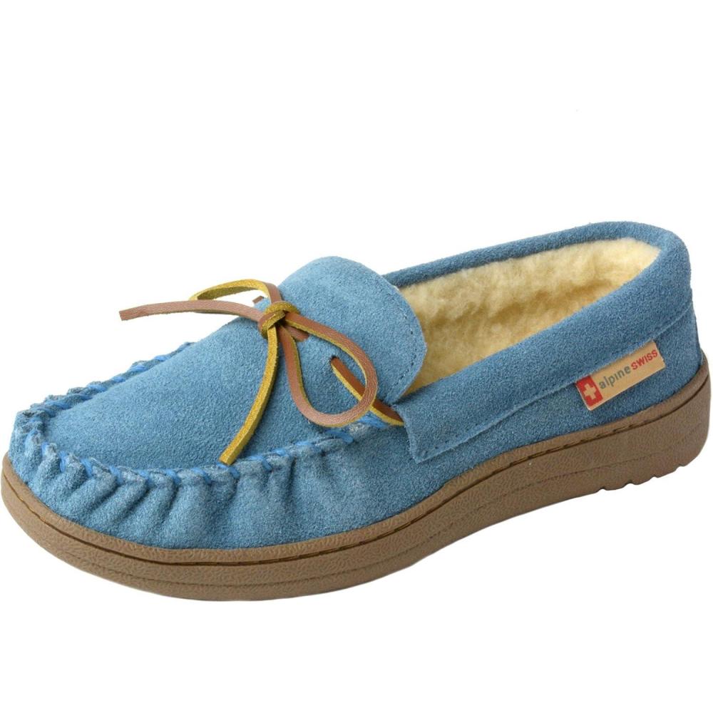 image:imageAlpine Swiss Sabine Womens Moccasin Slippers Genuine Suede House Shoe Memory Foam Insole Plush Faux Shearling Fur Indoor Outdoor AntiSlip Rubber SoleBlue