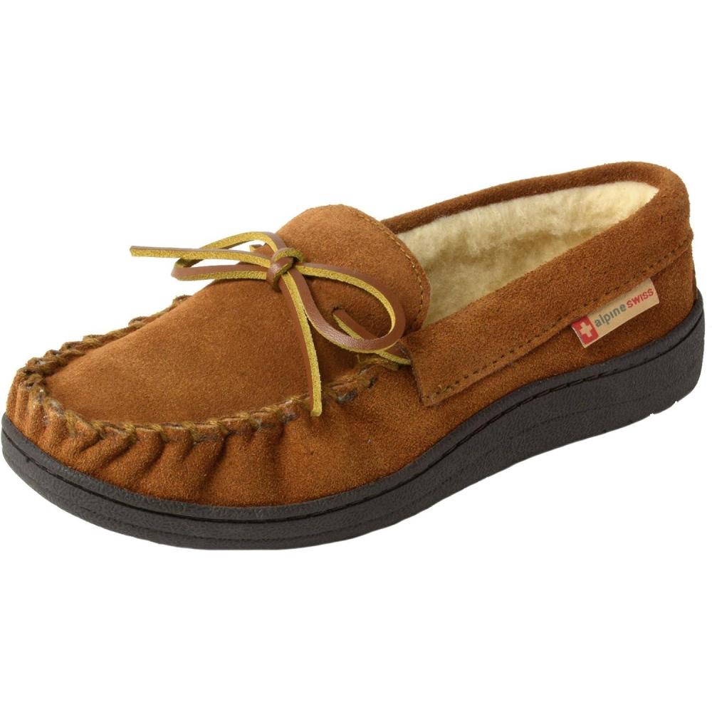 image:imageAlpine Swiss Sabine Womens Moccasin Slippers Genuine Suede House Shoe Memory Foam Insole Plush Faux Shearling Fur Indoor Outdoor AntiSlip Rubber SoleChestnut