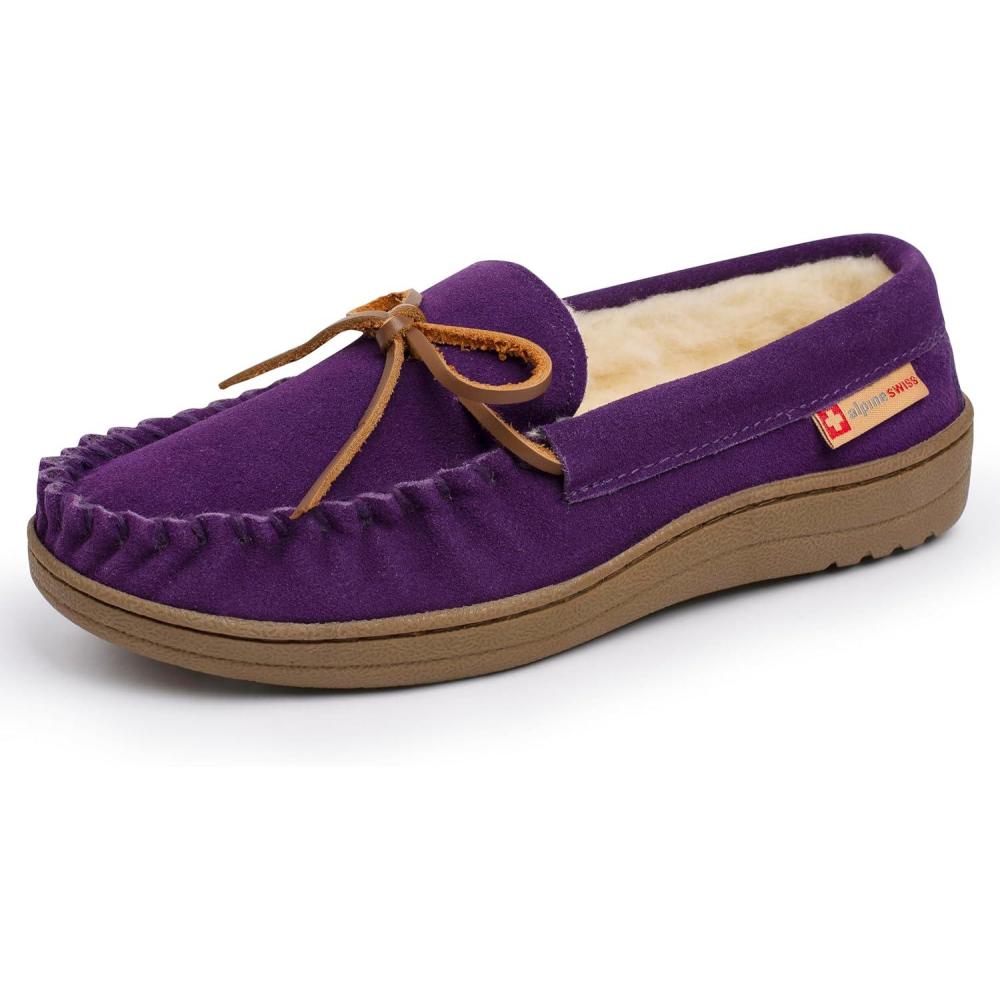 image:imageAlpine Swiss Sabine Womens Moccasin Slippers Genuine Suede House Shoe Memory Foam Insole Plush Faux Shearling Fur Indoor Outdoor AntiSlip Rubber SolePurple