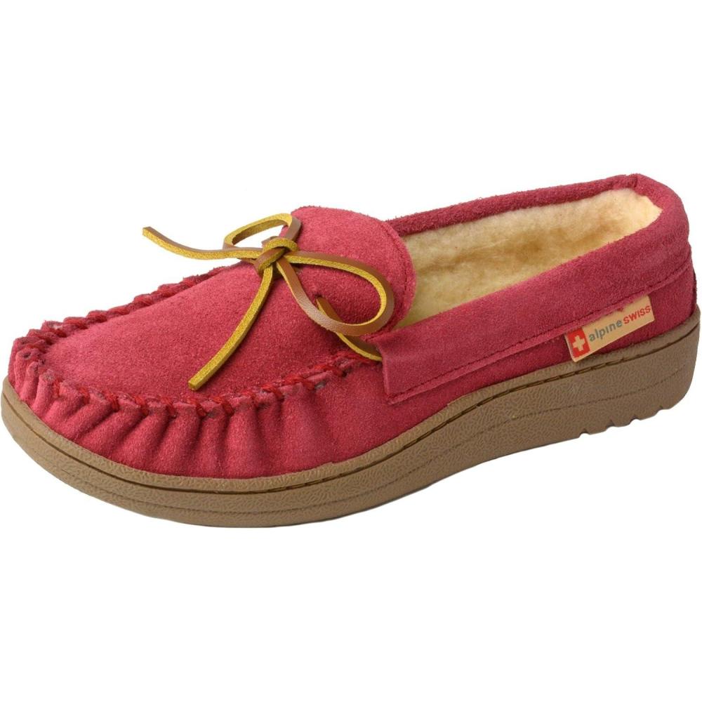 image:imageAlpine Swiss Sabine Womens Moccasin Slippers Genuine Suede House Shoe Memory Foam Insole Plush Faux Shearling Fur Indoor Outdoor AntiSlip Rubber SoleRed