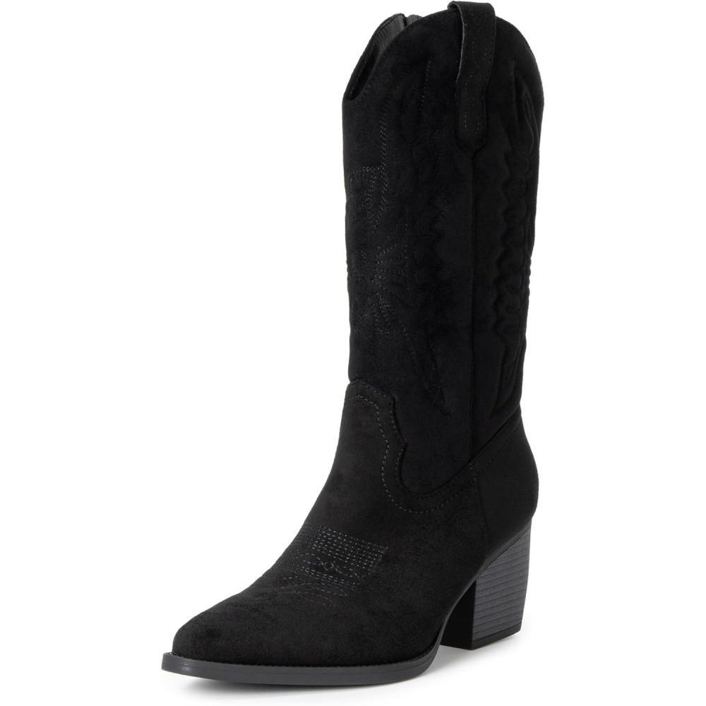image:imageAlpine Swiss Sadie Womens Cowboy Boots Western Cowgirl Boots Mid Calf Chunky Block High Heel BootiesMicrosuede Black