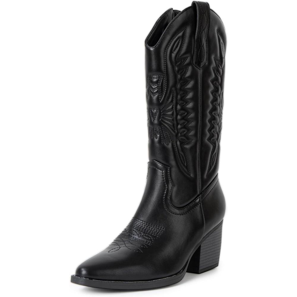 image:imageAlpine Swiss Sadie Womens Cowboy Boots Western Cowgirl Boots Mid Calf Chunky Block High Heel BootiesVegan Leather Black