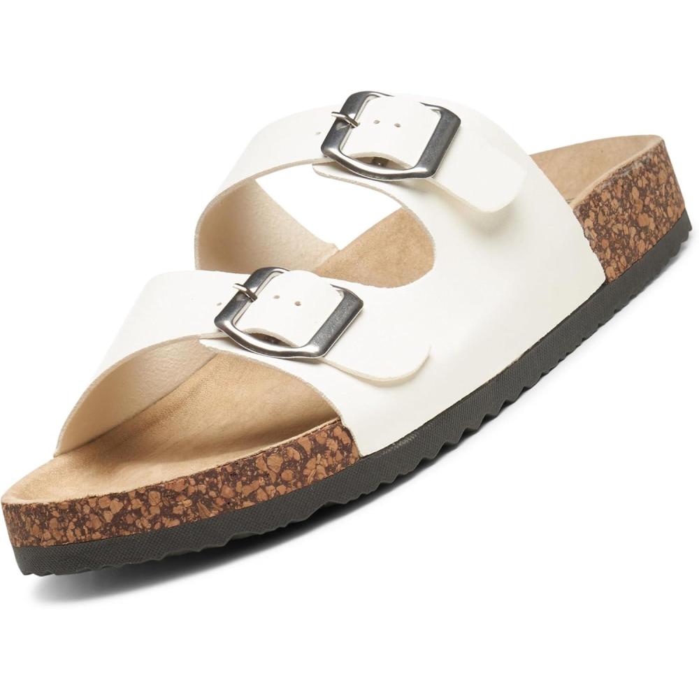 image:imageAlpine Swiss Womens Double Strap Contour Sandals  Adjustable Buckle Slides  Vegan Leather Footbed Sandals  Ergonomic CorkInspired Sole  Casual Summer Footwear Slip On Slides with BucklesWhite
