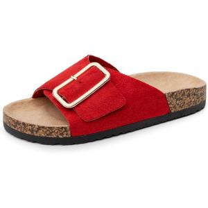 Alpine Swiss Heidi Womens Slide Sandals | Comfortable Cork Footbed with Arch Support | Adjustable Buckle | Vegan Suede | Anti-Slip Traction | Shoes for Summer & Beach(Red)