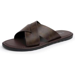 Alpine Swiss Hugo Men’s Vegan Leather Slide Sandals | Dressy & Comfortable Indoor Outdoor Shoes | Cross Strap Design for Casual & Elevated Wear | Water-Resistant & Anti-Slip Traction Flip Flops(Brown)