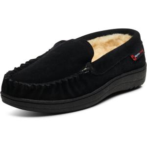 Alpine Swiss Men’s Moccasin Slippers Genuine Suede Slip-On House Shoes Memory Foam Insoles Plush Faux Shearling Lining Comfortable Indoor Outdoor Slipper with Anti-Slip Rubber Sole(Black)