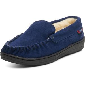 Alpine Swiss Men’s Moccasin Slippers Genuine Suede Slip-On House Shoes Memory Foam Insoles Plush Faux Shearling Lining Comfortable Indoor Outdoor Slipper with Anti-Slip Rubber Sole(Navy)