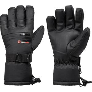 Alpine Swiss Mens Waterproof Snow Ski Gloves Gauntlet Mittens with Zipper Pockets Winter Snowboarding Windproof 3M Thinsulate(Black Glove)