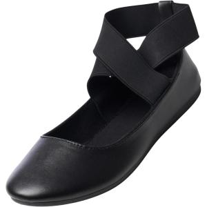 Alpine Swiss Peony Ballet Flats Shoes for Women | Elastic Ankle Strap Flats | Round Closed-Toe | Slip On Loafers | Padded for Comfort | Runs Small(Black Leatherette)