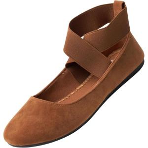 Alpine Swiss Peony Ballet Flats Shoes for Women | Elastic Ankle Strap Flats | Round Closed-Toe | Slip On Loafers | Padded for Comfort | Runs Small(Tan Microsuede)