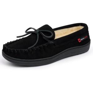 Alpine Swiss Sabine Womens Moccasin Slippers Genuine Suede House Shoe Memory Foam Insole Plush Faux Shearling Fur Indoor Outdoor Anti-Slip Rubber Sole(Black)