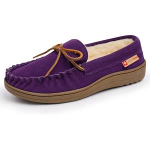 Alpine Swiss Sabine Womens Moccasin Slippers Genuine Suede House Shoe Memory Foam Insole Plush Faux Shearling Fur Indoor Outdoor Anti-Slip Rubber Sole(Purple)