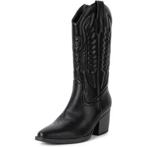 Alpine Swiss Sadie Womens Cowboy Boots Western Cowgirl Boots Mid Calf Chunky Block High Heel Booties(Vegan Leather Black)