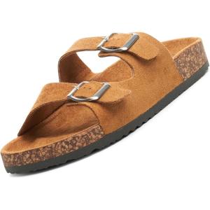 Alpine Swiss Womens Double Strap Contour Sandals | Adjustable Buckle Slides | Vegan Leather Footbed Sandals | Ergonomic Cork-Inspired Sole | Casual Summer Footwear Slip On Slides with Buckles(Microsuede Tan)