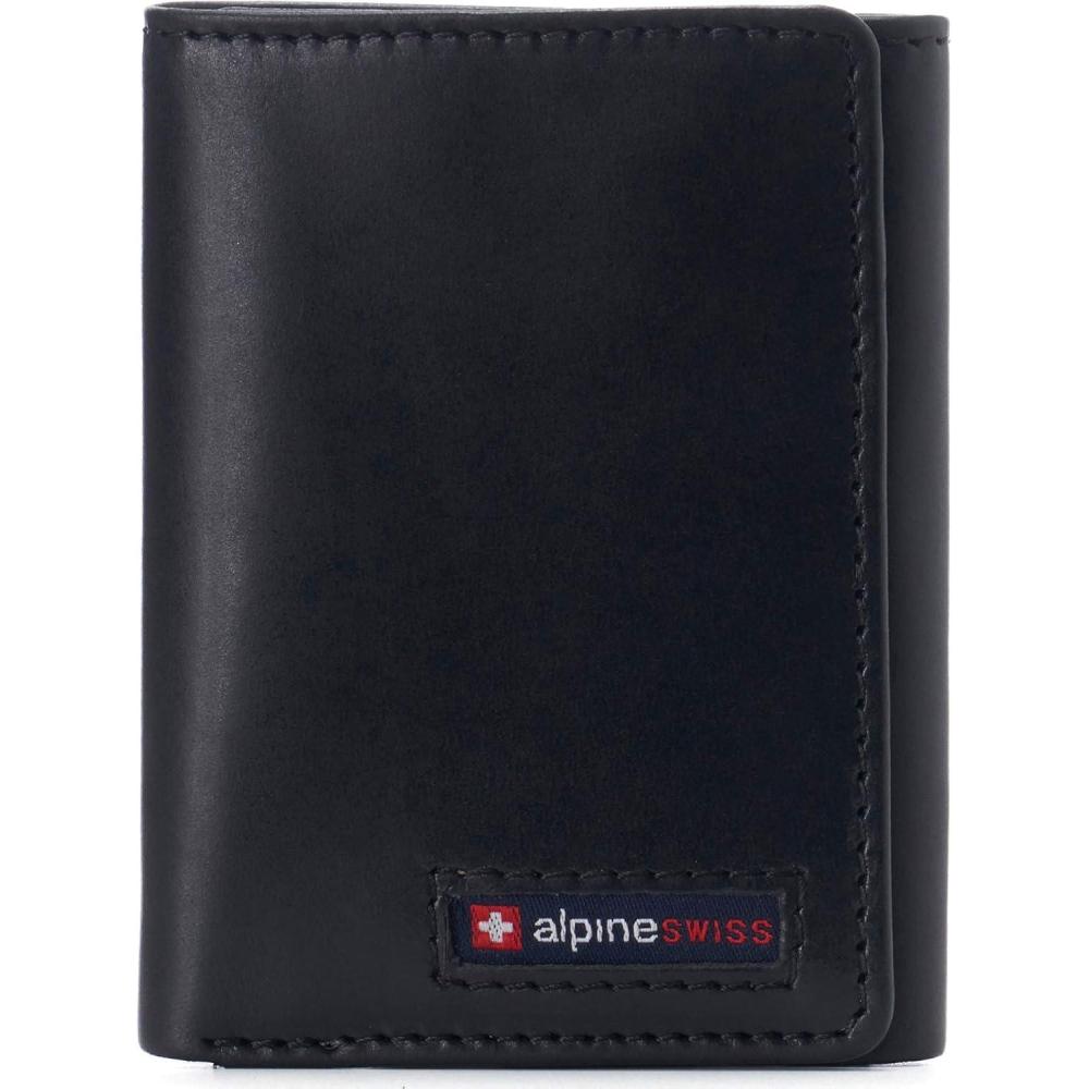 image:imageAlpine Swiss Mens Leon RFID Trifold Pocket Wallet  Genuine Leather Wallet for Men Slim Design with ID Window amp Multiple Card Slots Classic RFID Safe Pocket Wallet in gift boxGlossy Nappa Black