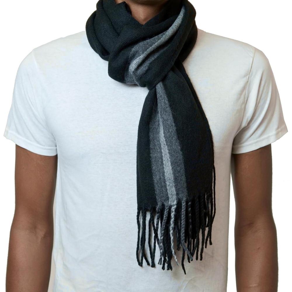 image:imageAlpine Swiss Mens Scarf Soft Knit Winter Scarves Plaid Striped or Solid Neck Covering Long Warm StylishBlack Stripe