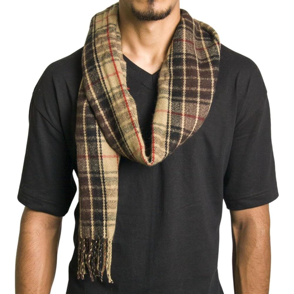 image:imageAlpine Swiss Mens Scarf Soft Knit Winter Scarves Plaid Striped or Solid Neck Covering Long Warm StylishBrown Plaid