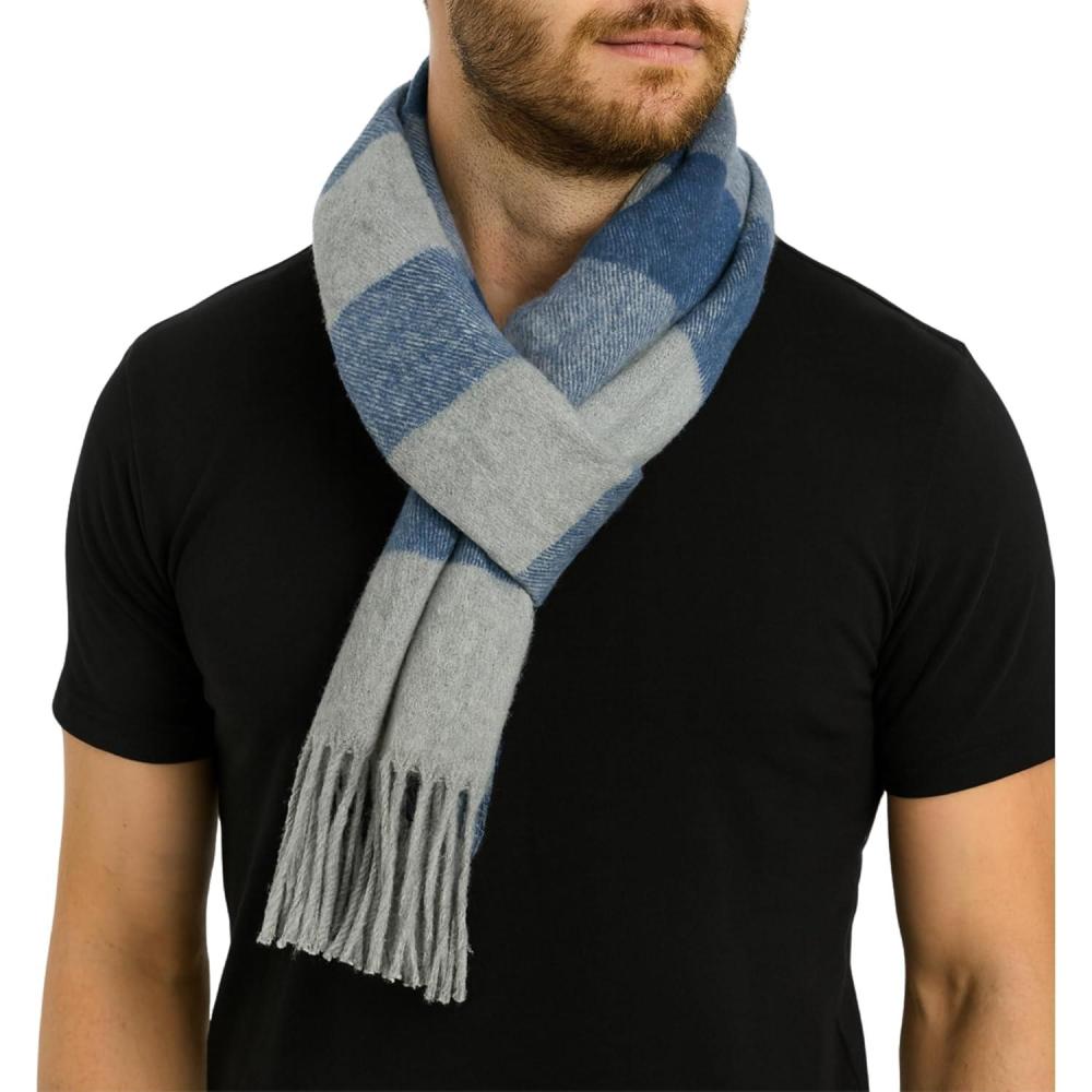 image:imageAlpine Swiss Mens Scarf Soft Knit Winter Scarves Plaid Striped or Solid Neck Covering Long Warm StylishNavy Gray Stripe