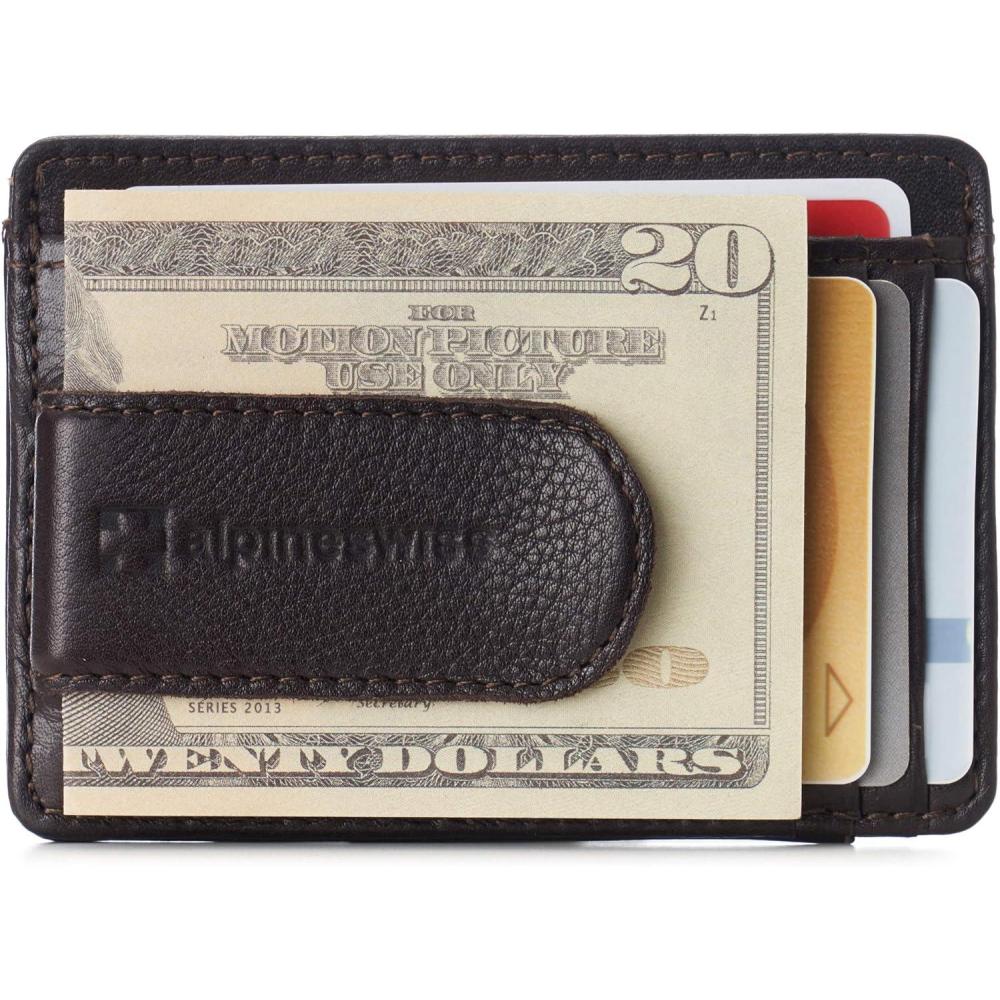 image:imageAlpine Swiss RFID Dermot Money Clip Front Pocket Wallet For Men Leather Hampton Collection Glossy Nappa BlackBrown