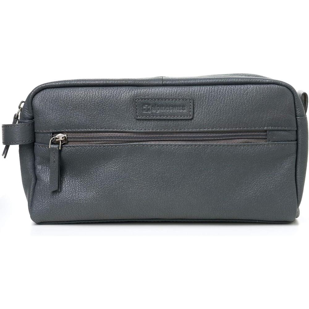 image:imageAlpine Swiss Sedona Toiletry Bag Genuine Leather Shaving Kit Dopp Kit Travel Case Gray