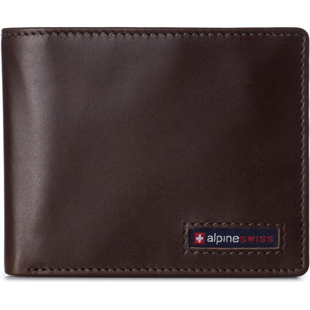 image:imageAlpine Swiss Wallet for Men Nolan Commuter Bifold Dual ID Windows for License Work Badge RFID Protection Divided Bill Section Gift Boxed Nubuck BlackGlossy Nappa Brown