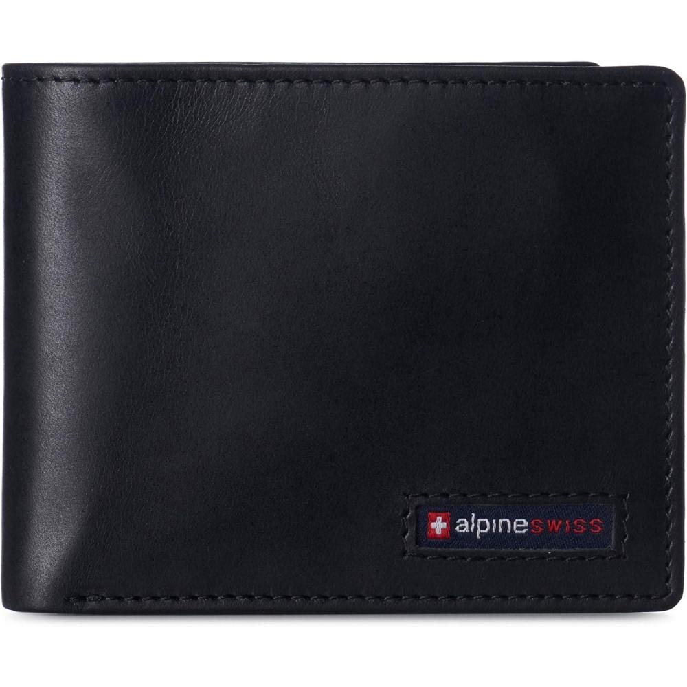 image:imageAlpine Swiss Wallet for Men Nolan Commuter Bifold Dual ID Windows for License Work Badge RFID Protection Divided Bill Section Gift Boxed Nubuck BlackGlossy Nappa Black