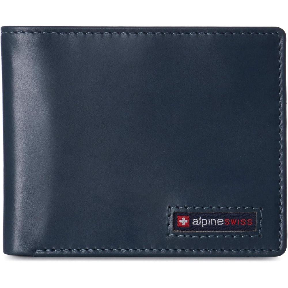 image:imageAlpine Swiss Wallet for Men Nolan Commuter Bifold Dual ID Windows for License Work Badge RFID Protection Divided Bill Section Gift Boxed Nubuck BlackGlossy Nappa Teal