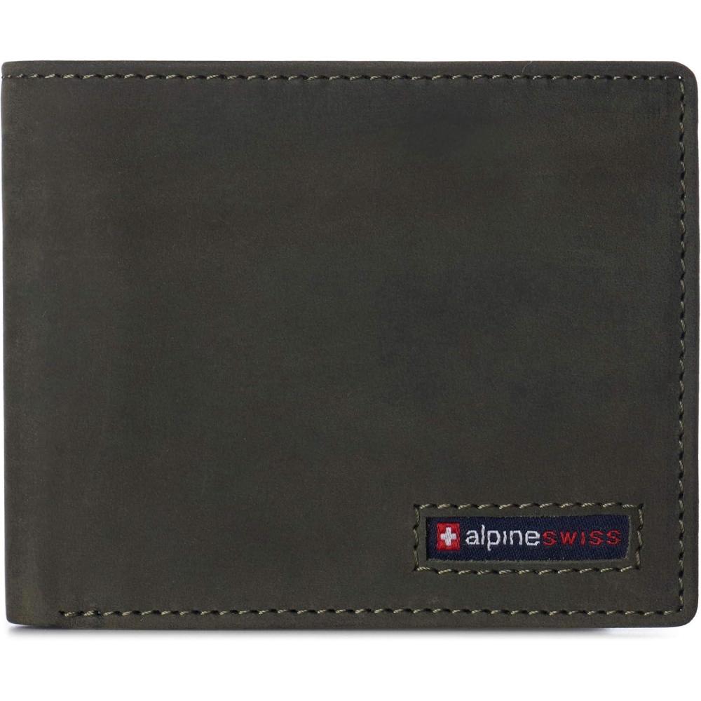 image:imageAlpine Swiss Wallet for Men Nolan Commuter Bifold Dual ID Windows for License Work Badge RFID Protection Divided Bill Section Gift Boxed Nubuck BlackNubuck Olive