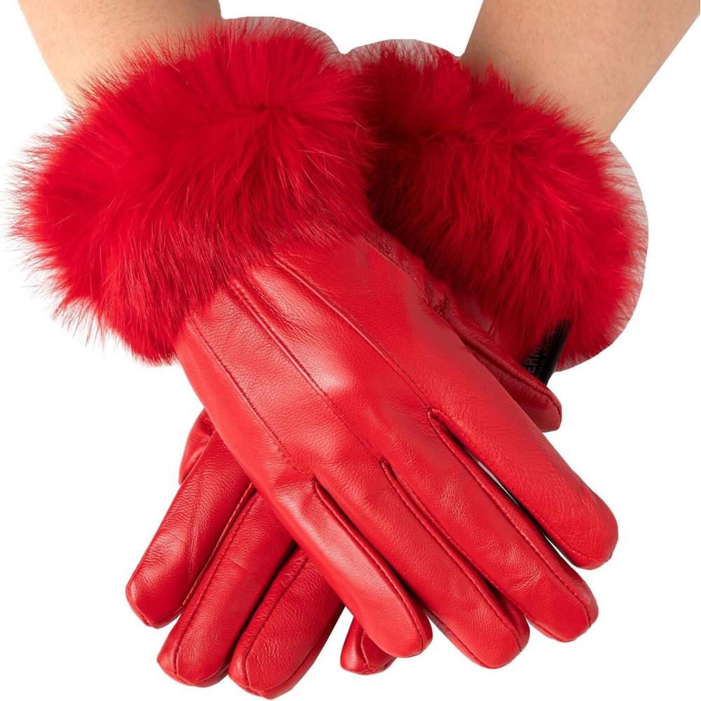 image:imageAlpine Swiss Womens Leather Dressy Gloves Faux Fur Trim Cuff Thermal LiningRed