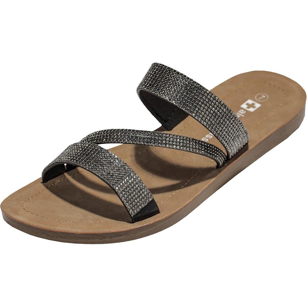 image:imageAlpine Swiss Womens Rhinestone Slide Sandals Dressy Summer Strappy Flat ShoesBlack