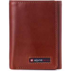 Alpine Swiss Men’s Leon RFID Trifold Pocket Wallet – Genuine Leather Wallet for Men, Slim Design with ID Window & Multiple Card Slots, Classic RFID Safe Pocket Wallet in gift box(Glossy Nappa Tan)
