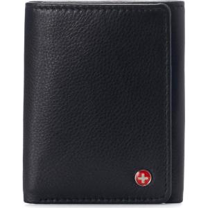 Alpine Swiss Men’s Leon RFID Trifold Pocket Wallet – Genuine Leather Wallet for Men, Slim Design with ID Window & Multiple Card Slots, Classic RFID Safe Pocket Wallet in gift box(Black)