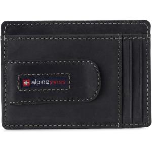 Alpine Swiss RFID Dermot Money Clip Front Pocket Wallet For Men Leather Hampton Collection Glossy Nappa Black(Nubuck Black)