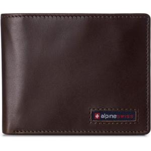Alpine Swiss Wallet for Men Nolan Commuter Bifold Dual ID Windows for License Work Badge RFID Protection Divided Bill Section Gift Boxed Nubuck Black(Glossy Nappa Brown)