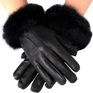 Alpine Swiss Womens Leather Dressy Gloves Faux Fur Trim Cuff Thermal Lining(Black)