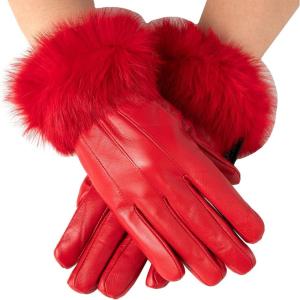 Alpine Swiss Womens Leather Dressy Gloves Faux Fur Trim Cuff Thermal Lining(Red)
