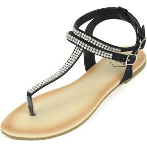 Alpine Swiss Womens Slingback T-Strap Rhinestone Ankle Strap Thong Sandals(Black)