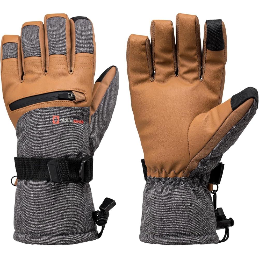 image:imageAlpine Swiss Mens Waterproof Snow Ski Gloves Gauntlet Mittens with Zipper Pockets Winter Snowboarding Windproof 3M ThinsulateTan Glove