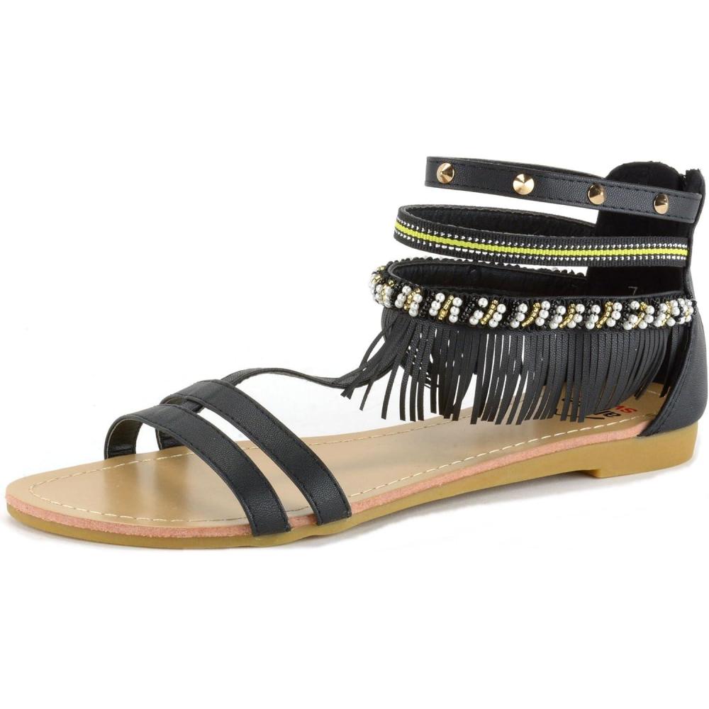 image:imageAlpine Swiss Womens Beaded amp Studded Fringe Flat Gladiator SandalsBlack